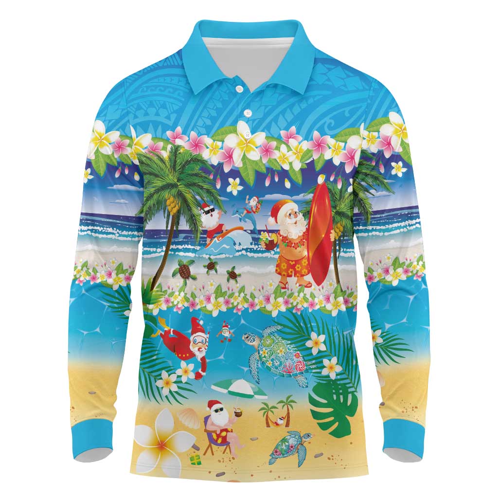 Polynesian Merry Christmas Long Sleeve Polo Shirt Funny Santa Beach Tropical Plant and Turtle LT03 Multicolor - Polynesian Pride