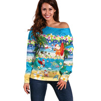 Polynesian Merry Christmas Off Shoulder Sweater Funny Santa Beach Tropical Plant and Turtle LT03 Women Multicolor - Polynesian Pride