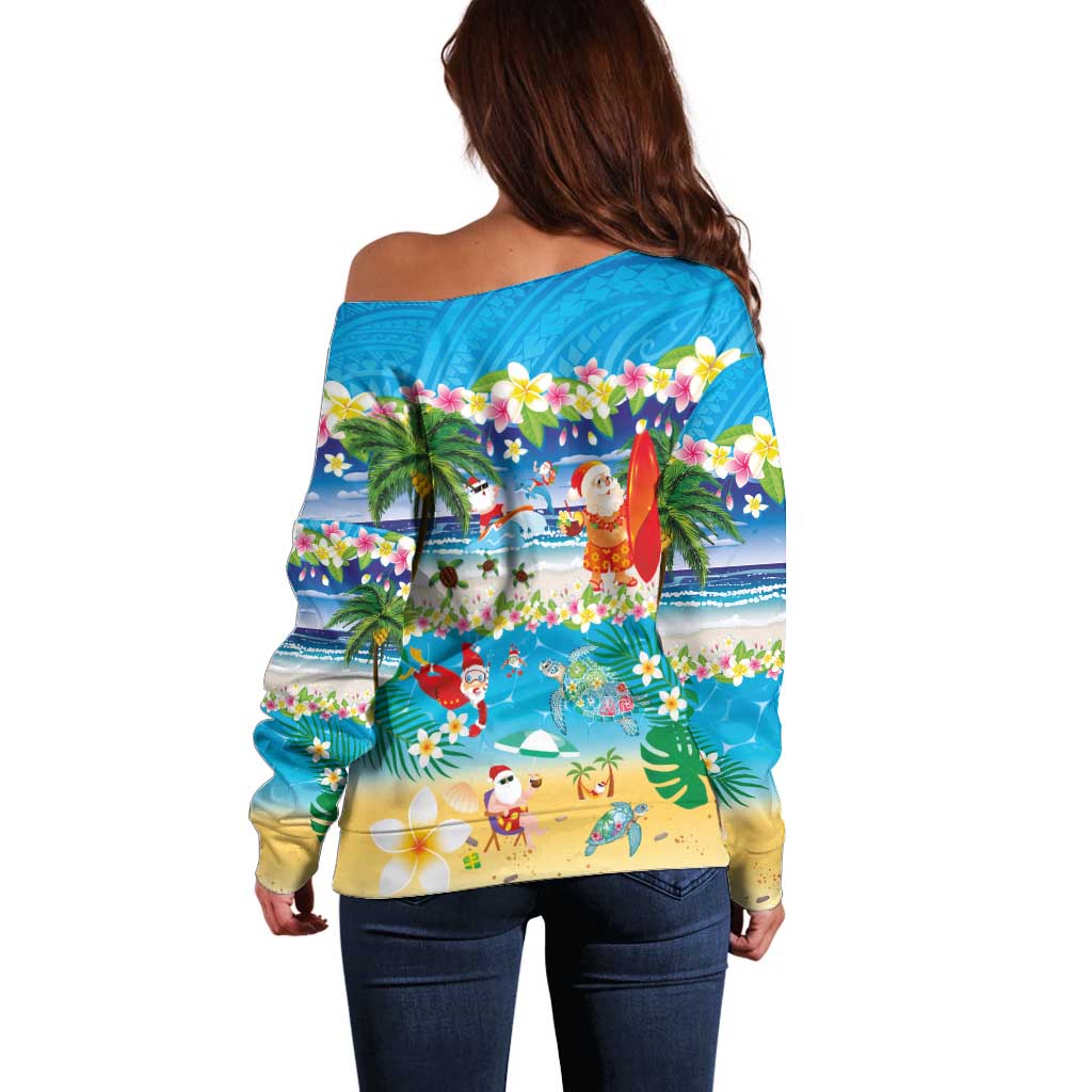 Polynesian Merry Christmas Off Shoulder Sweater Funny Santa Beach Tropical Plant and Turtle LT03 - Polynesian Pride