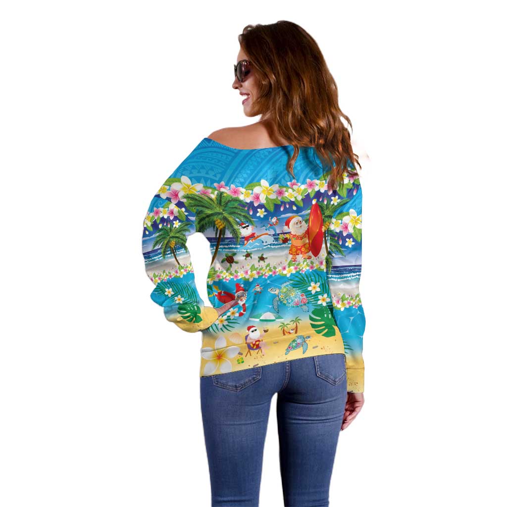 Polynesian Merry Christmas Off Shoulder Sweater Funny Santa Beach Tropical Plant and Turtle LT03 - Polynesian Pride