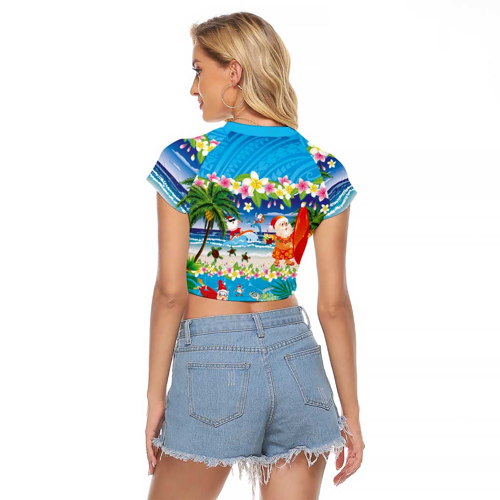 Polynesian Merry Christmas Raglan Cropped T Shirt Funny Santa Beach Tropical Plant and Turtle - Polynesian Pride
