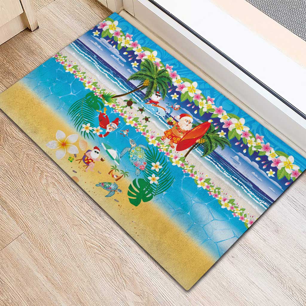 Polynesian Merry Christmas Rubber Doormat Funny Santa Beach Tropical Plant and Turtle - Polynesian Pride