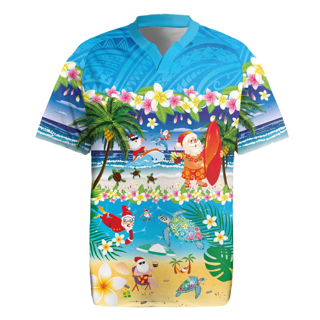 Polynesian Merry Christmas Rugby Jersey Funny Santa Beach Tropical Plant and Turtle - Polynesian Pride