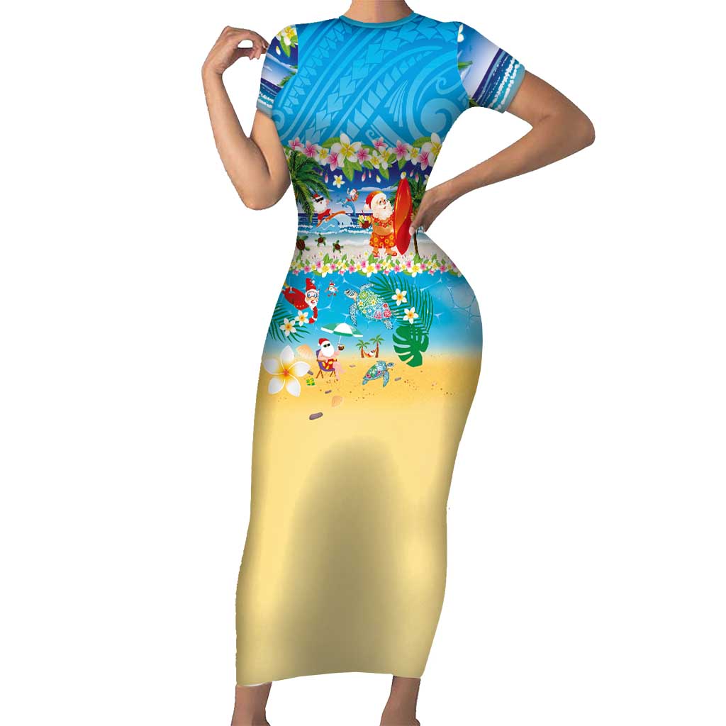Polynesian Merry Christmas Short Sleeve Bodycon Dress Funny Santa Beach Tropical Plant and Turtle LT03 Long Dress Multicolor - Polynesian Pride