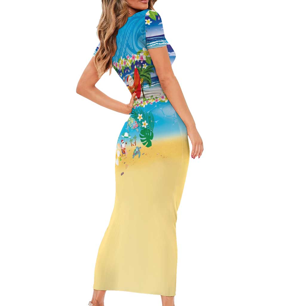 Polynesian Merry Christmas Short Sleeve Bodycon Dress Funny Santa Beach Tropical Plant and Turtle LT03 - Polynesian Pride