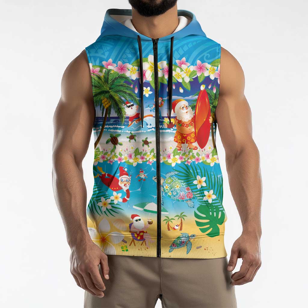 Polynesian Merry Christmas Sleeveless Zip Hoodie Funny Santa Beach Tropical Plant and Turtle - Polynesian Pride