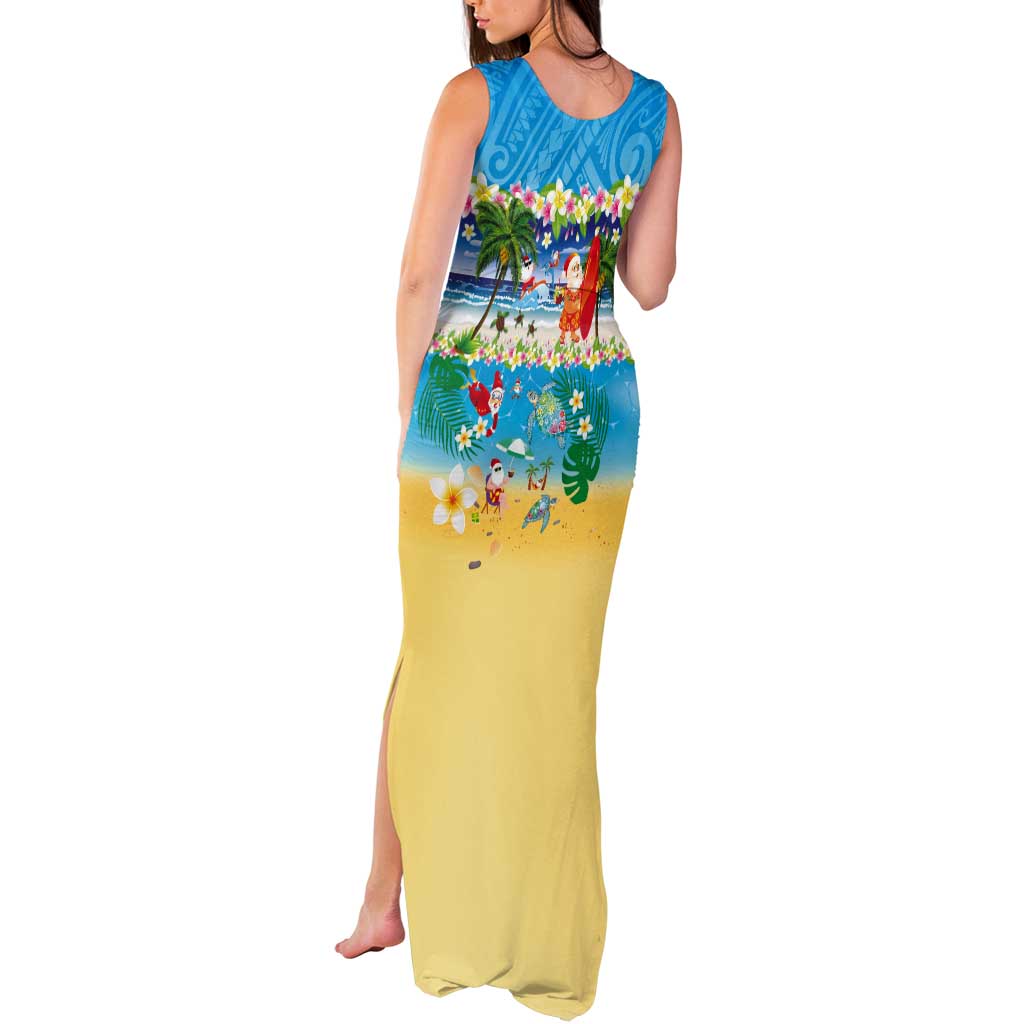 Polynesian Merry Christmas Tank Maxi Dress Funny Santa Beach Tropical Plant and Turtle - Polynesian Pride