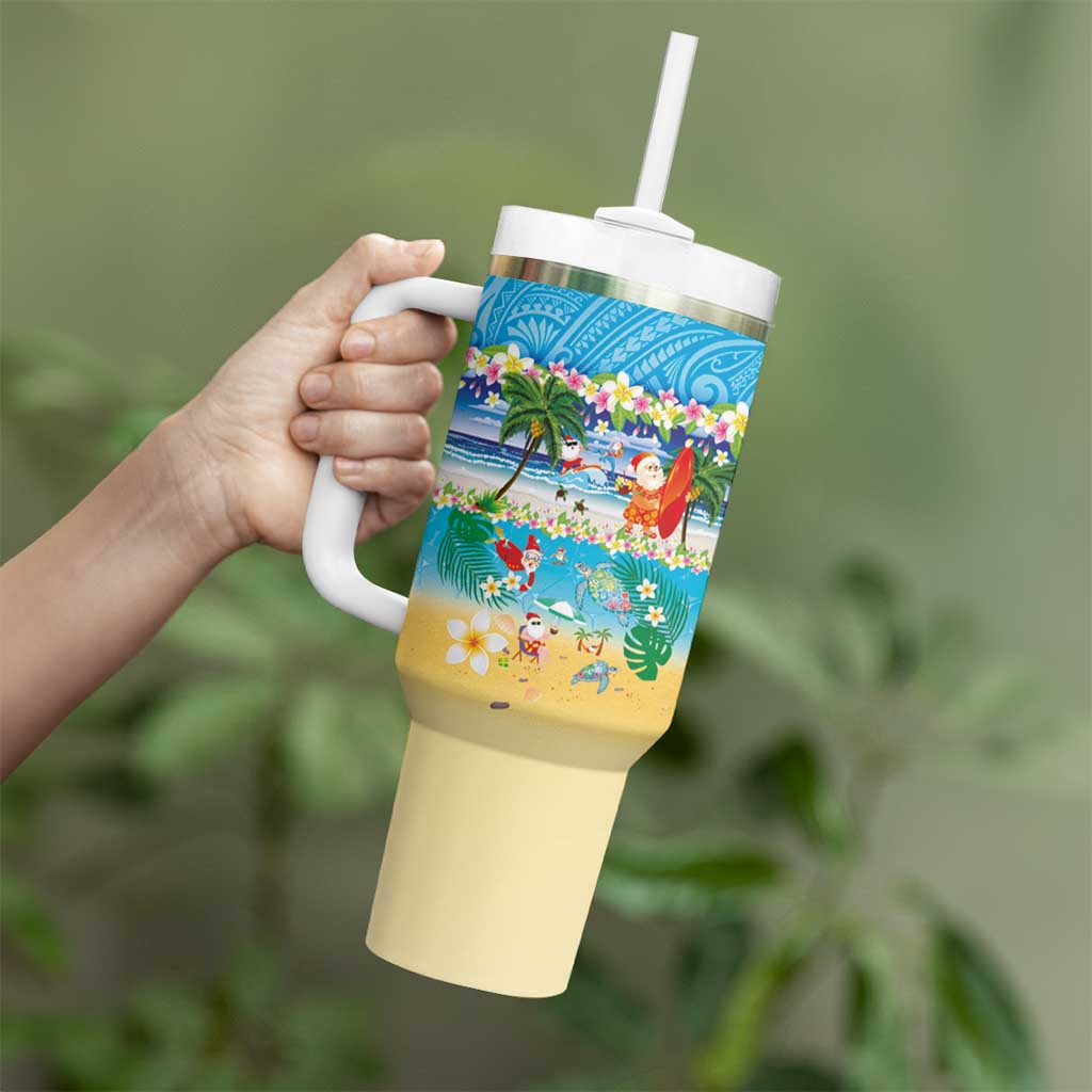 Polynesian Merry Christmas Tumbler With Handle Funny Santa Beach Tropical Plant and Turtle - Polynesian Pride