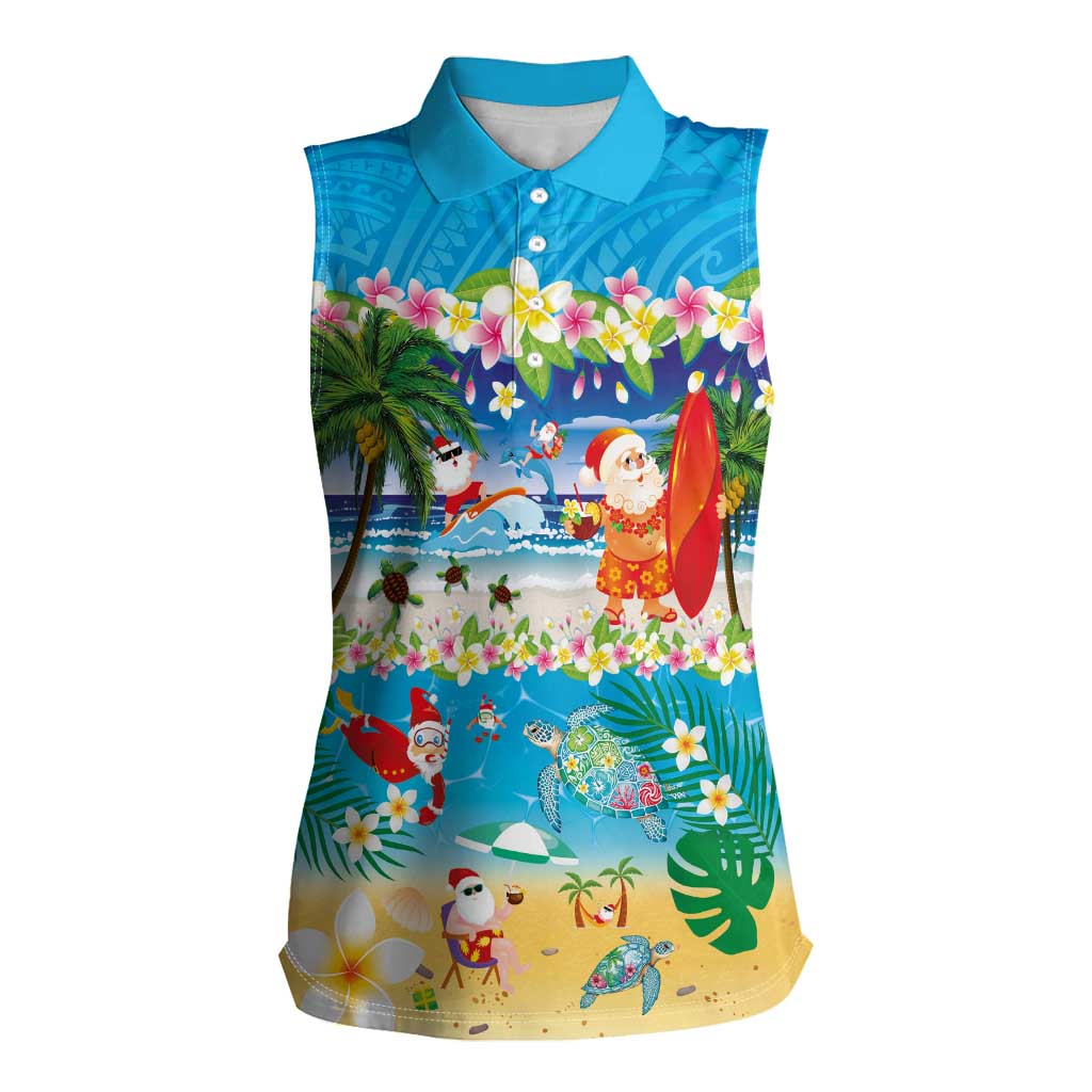 Polynesian Merry Christmas Women Sleeveless Polo Shirt Funny Santa Beach Tropical Plant and Turtle LT03 Female Multicolor - Polynesian Pride