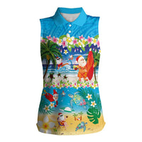 Polynesian Merry Christmas Women Sleeveless Polo Shirt Funny Santa Beach Tropical Plant and Turtle LT03 Female Multicolor - Polynesian Pride