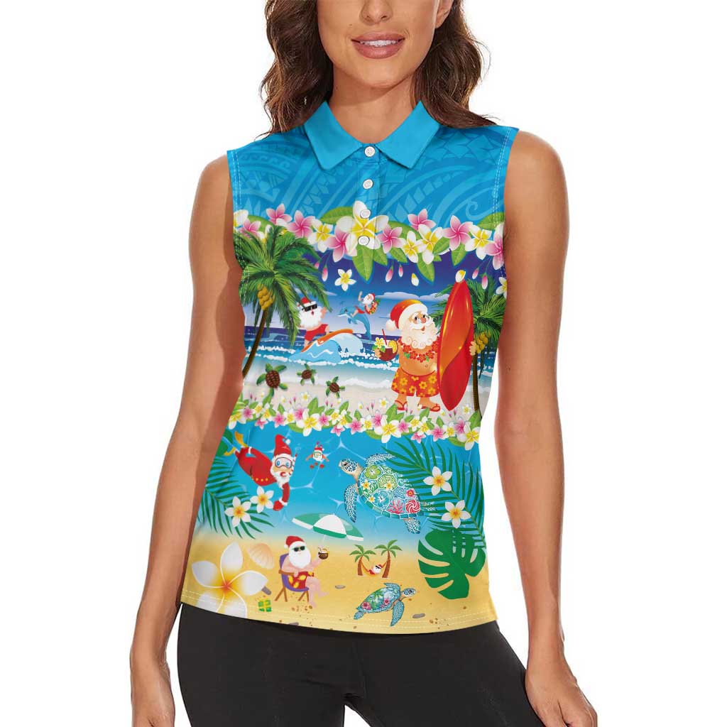 Polynesian Merry Christmas Women Sleeveless Polo Shirt Funny Santa Beach Tropical Plant and Turtle LT03 - Polynesian Pride