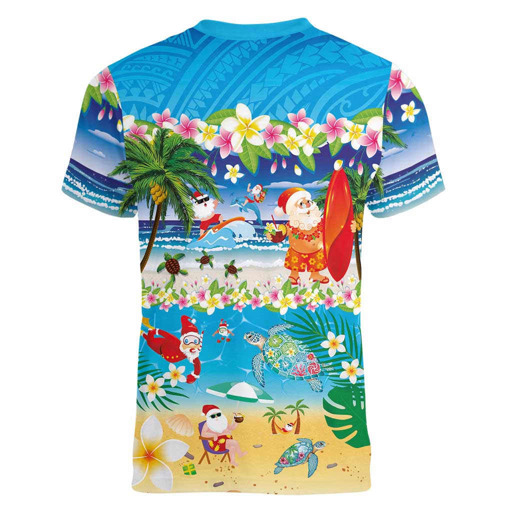 Polynesian Merry Christmas Women V-Neck T-Shirt Funny Santa Beach Tropical Plant and Turtle LT03 - Polynesian Pride