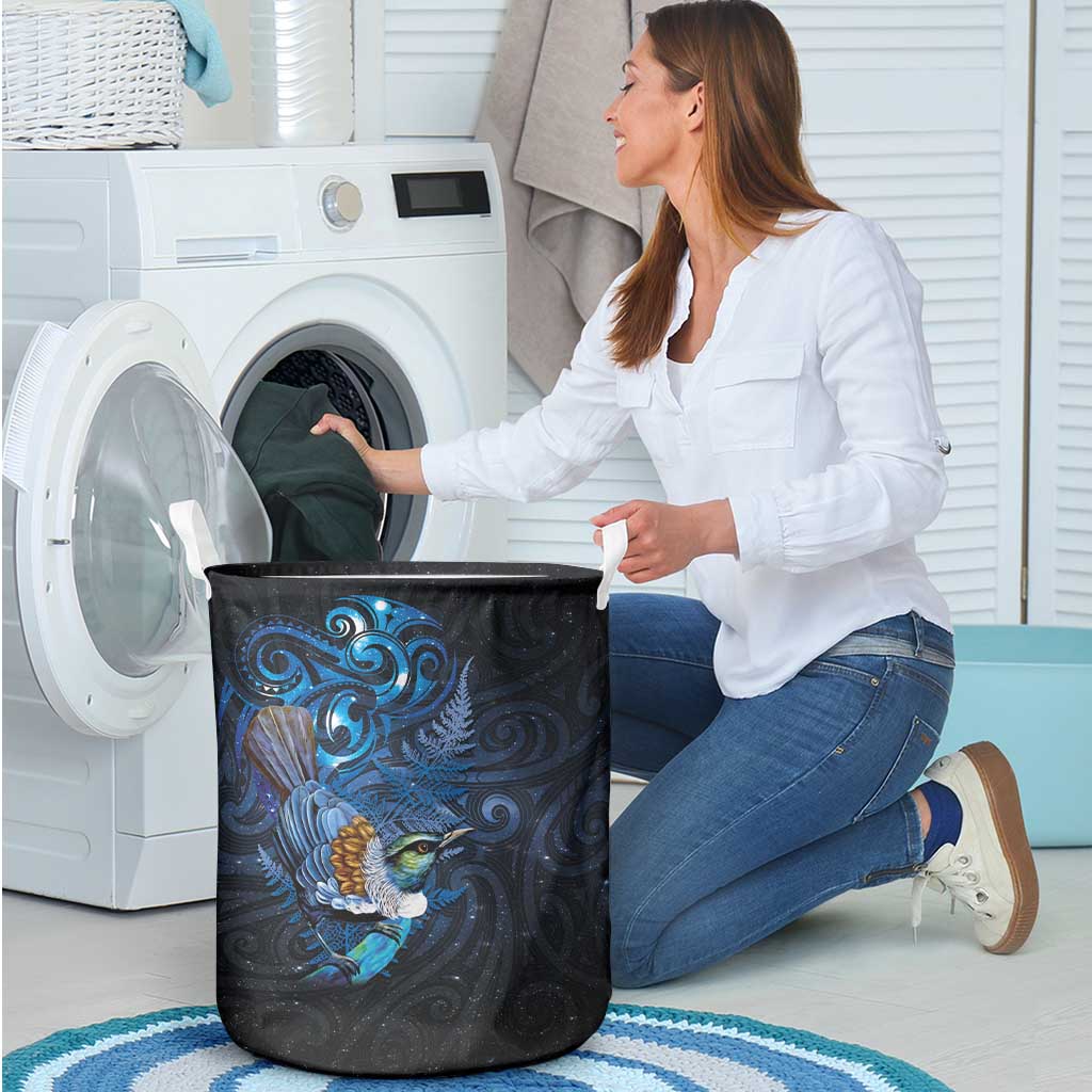 Aotearoa Matariki Laundry Basket Maori Tribal with Silver Fern and Tui Bird Galaxy Style - Polynesian Pride