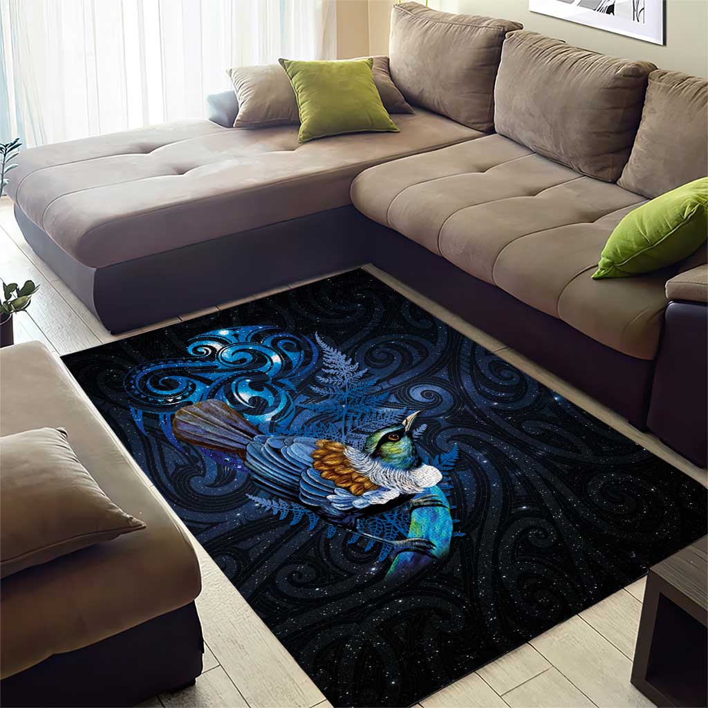 Aotearoa Matariki Area Rug Maori Tribal with Silver Fern and Tui Bird Galaxy Style - Polynesian Pride