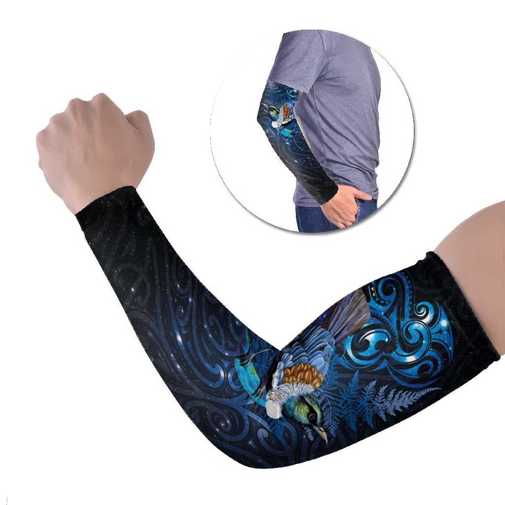 Aotearoa Matariki Arm Sleeves Maori Tribal with Silver Fern and Tui Bird Galaxy Style - Polynesian Pride