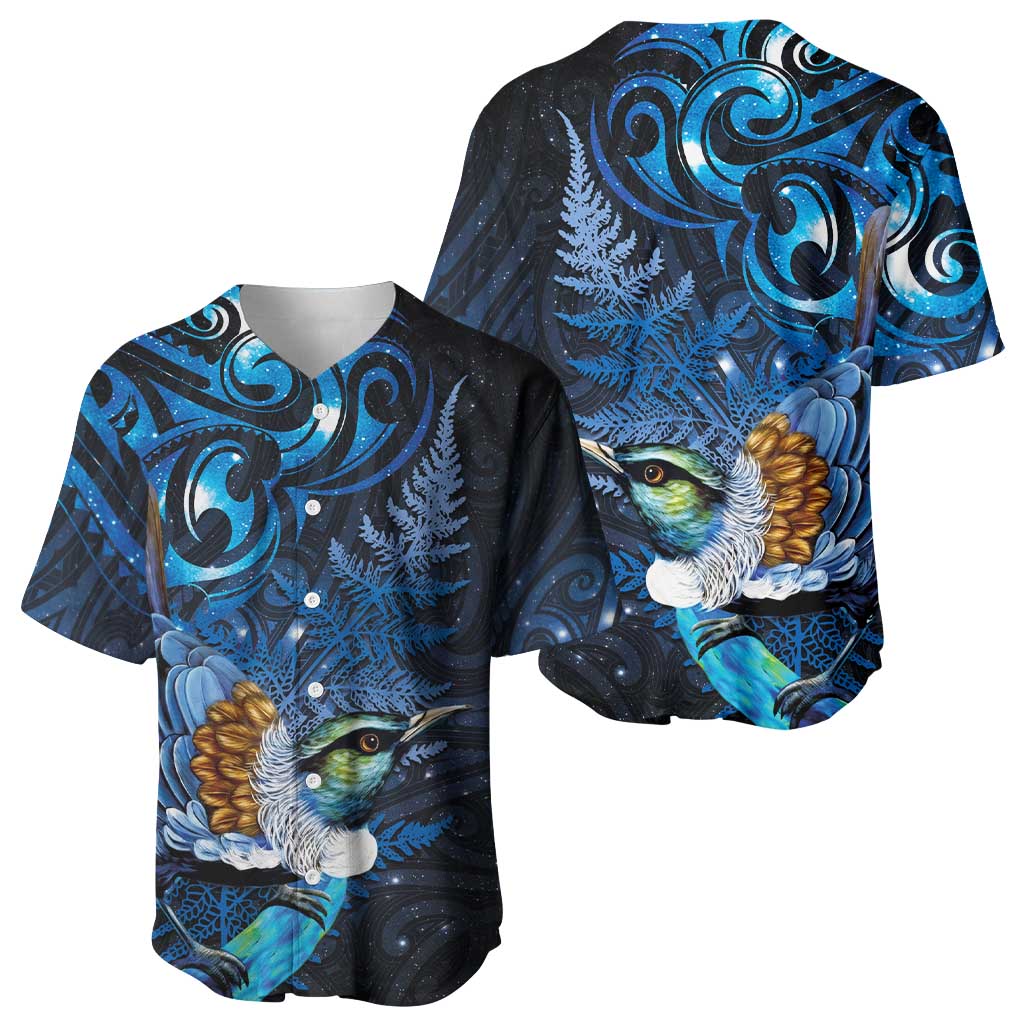 Aotearoa Matariki Baseball Jersey Maori Tribal with Silver Fern and Tui Bird Galaxy Style - Polynesian Pride