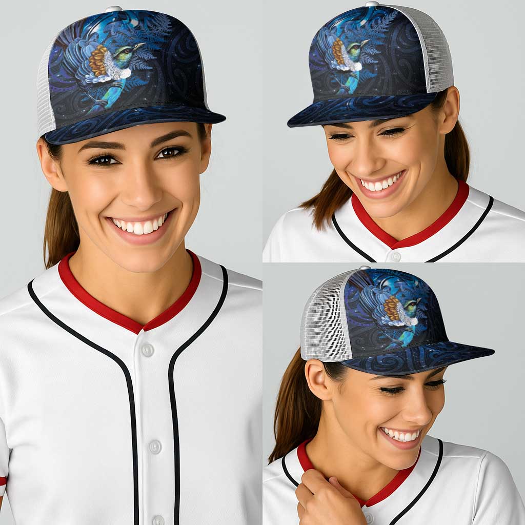 Aotearoa Matariki Baseball Net Cap Maori Tribal with Silver Fern and Tui Bird Galaxy Style - Polynesian Pride