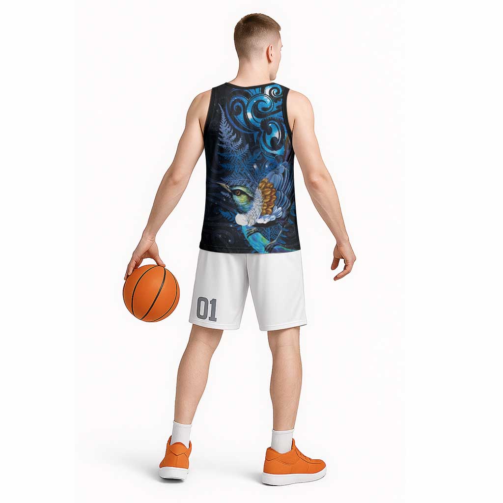 Aotearoa Matariki Basketball Jersey Maori Tribal with Silver Fern and Tui Bird Galaxy Style LT03 - Polynesian Pride