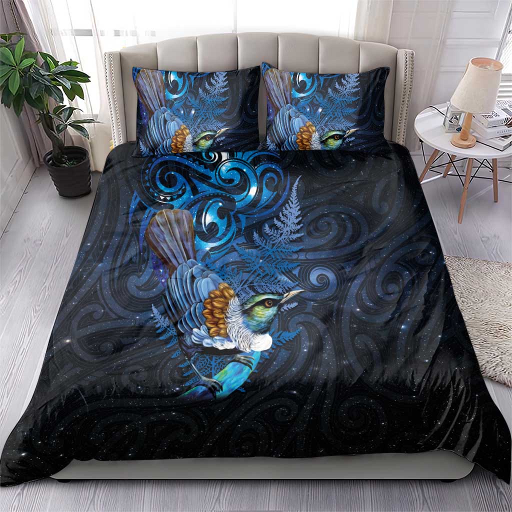 Aotearoa Matariki Bedding Set Maori Tribal with Silver Fern and Tui Bird Galaxy Style - Polynesian Pride