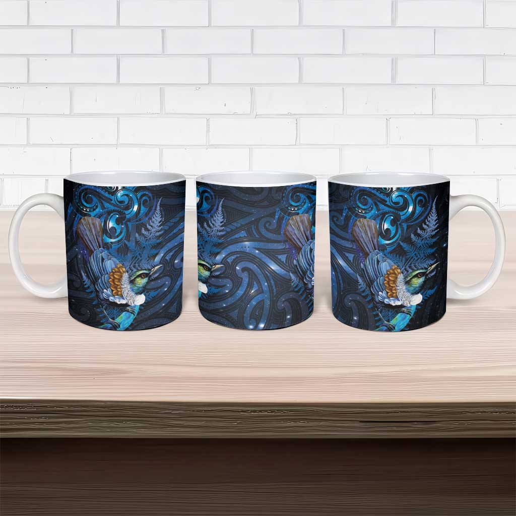 Aotearoa Matariki Ceramic Mug Maori Tribal with Silver Fern and Tui Bird Galaxy Style - Polynesian Pride