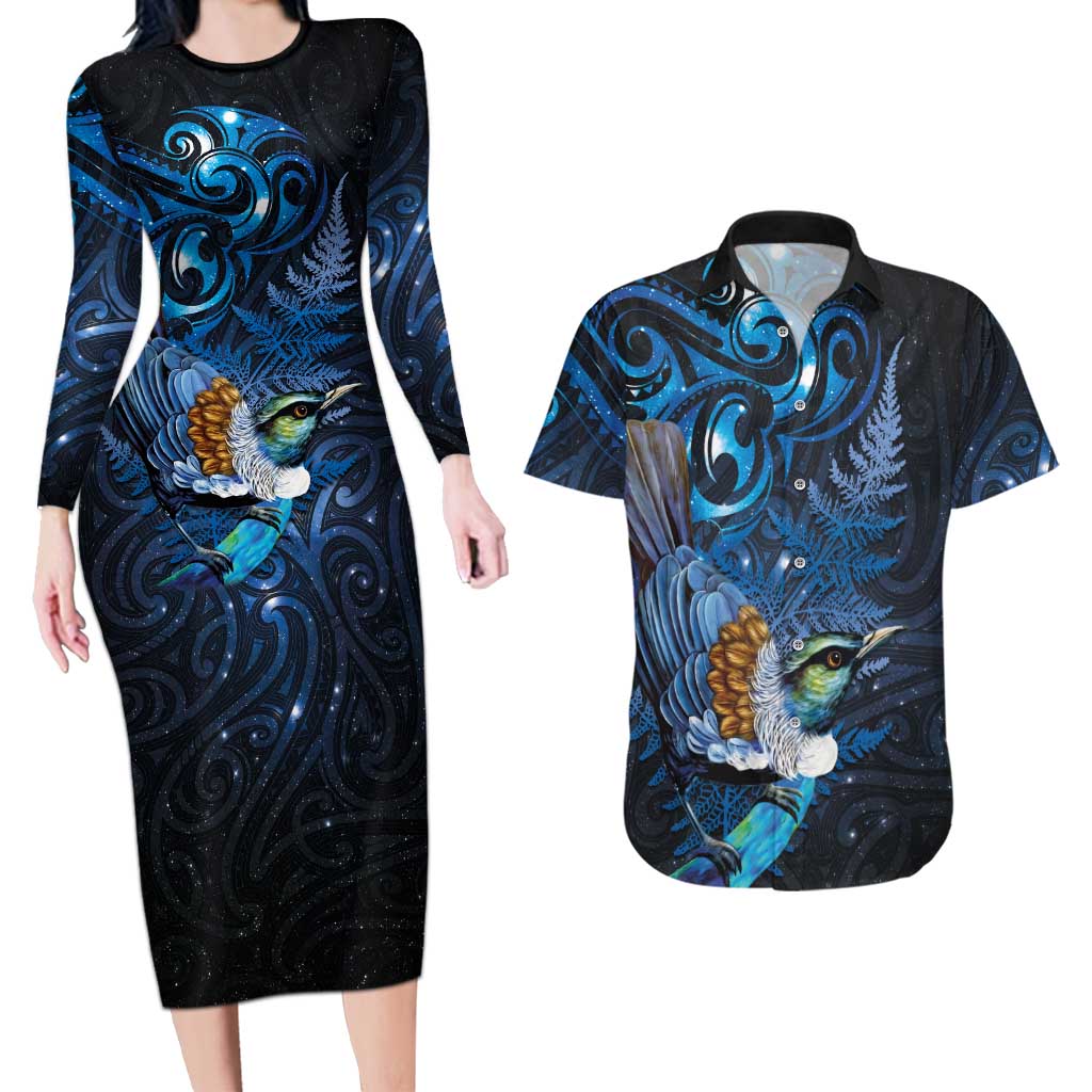Aotearoa Matariki Couples Matching Long Sleeve Bodycon Dress and Hawaiian Shirt Maori Tribal with Silver Fern and Tui Bird Galaxy Style LT03 Navy - Polynesian Pride