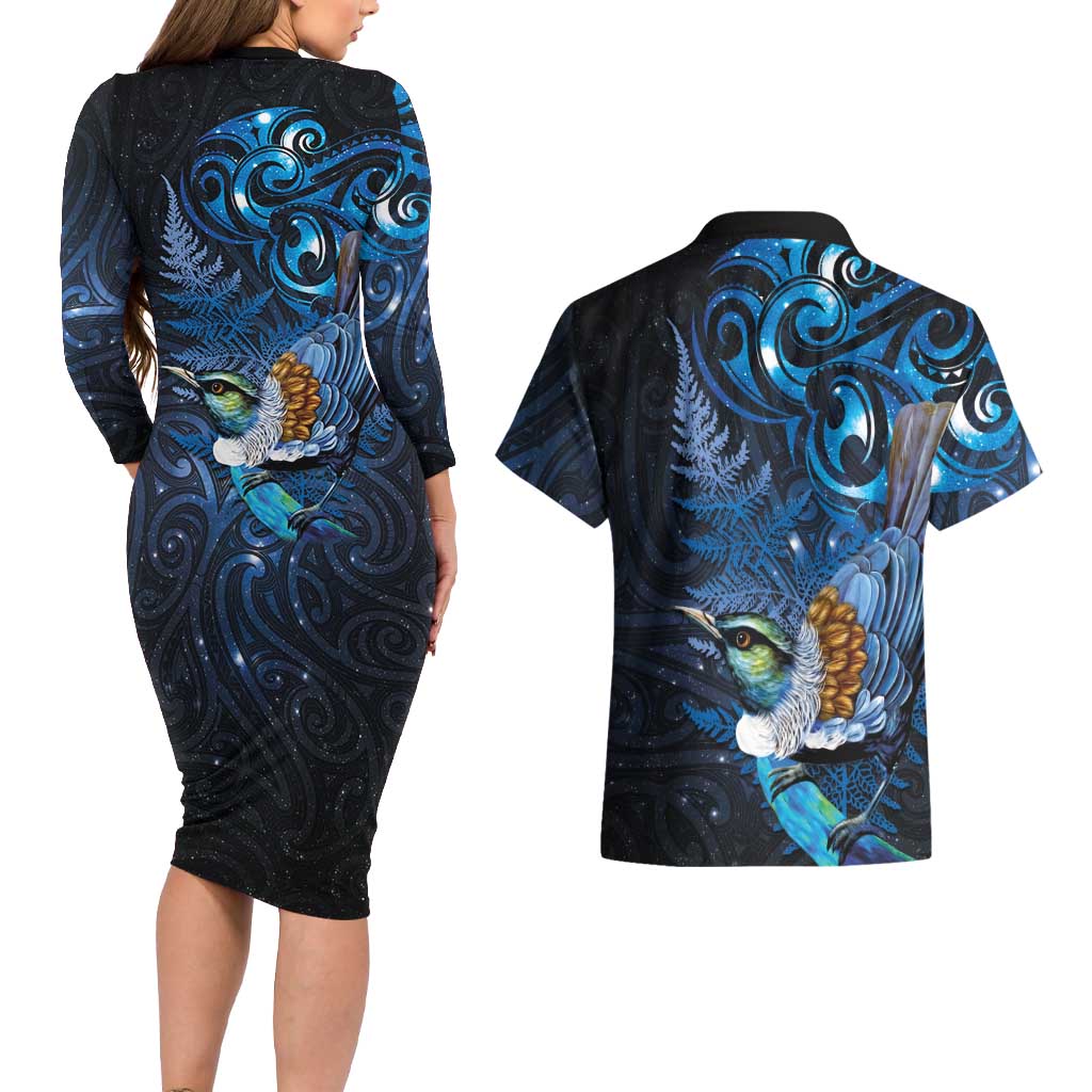 Aotearoa Matariki Couples Matching Long Sleeve Bodycon Dress and Hawaiian Shirt Maori Tribal with Silver Fern and Tui Bird Galaxy Style LT03 - Polynesian Pride