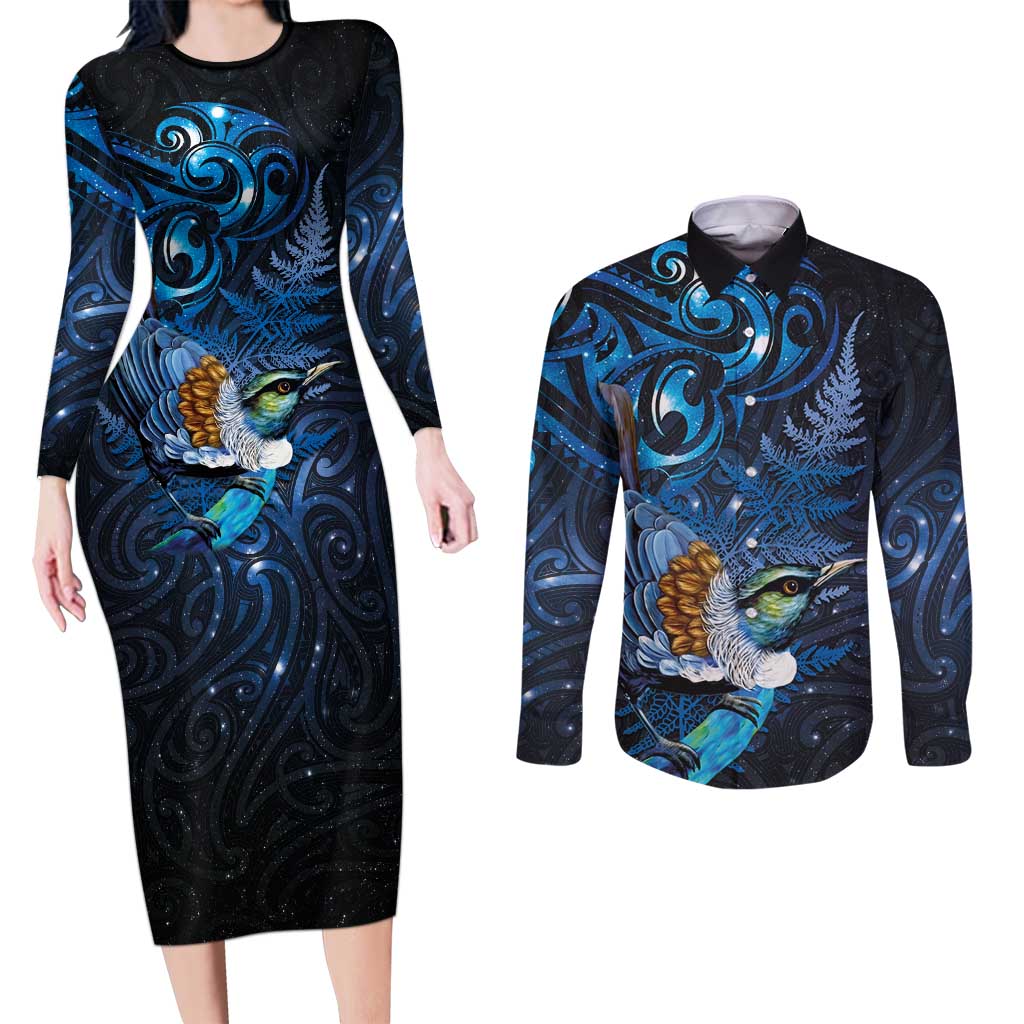Aotearoa Matariki Couples Matching Long Sleeve Bodycon Dress and Long Sleeve Button Shirt Maori Tribal with Silver Fern and Tui Bird Galaxy Style LT03 Navy - Polynesian Pride