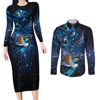 Aotearoa Matariki Couples Matching Long Sleeve Bodycon Dress and Long Sleeve Button Shirt Maori Tribal with Silver Fern and Tui Bird Galaxy Style LT03 Navy - Polynesian Pride