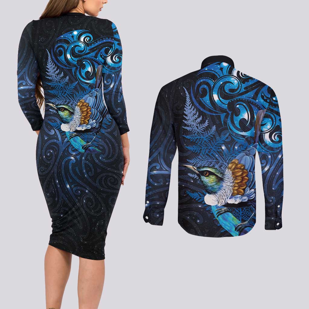 Aotearoa Matariki Couples Matching Long Sleeve Bodycon Dress and Long Sleeve Button Shirt Maori Tribal with Silver Fern and Tui Bird Galaxy Style LT03 - Polynesian Pride