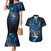 Aotearoa Matariki Couples Matching Mermaid Dress and Hawaiian Shirt Maori Tribal with Silver Fern and Tui Bird Galaxy Style LT03 Navy - Polynesian Pride