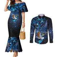 Aotearoa Matariki Couples Matching Mermaid Dress and Long Sleeve Button Shirt Maori Tribal with Silver Fern and Tui Bird Galaxy Style LT03 Navy - Polynesian Pride