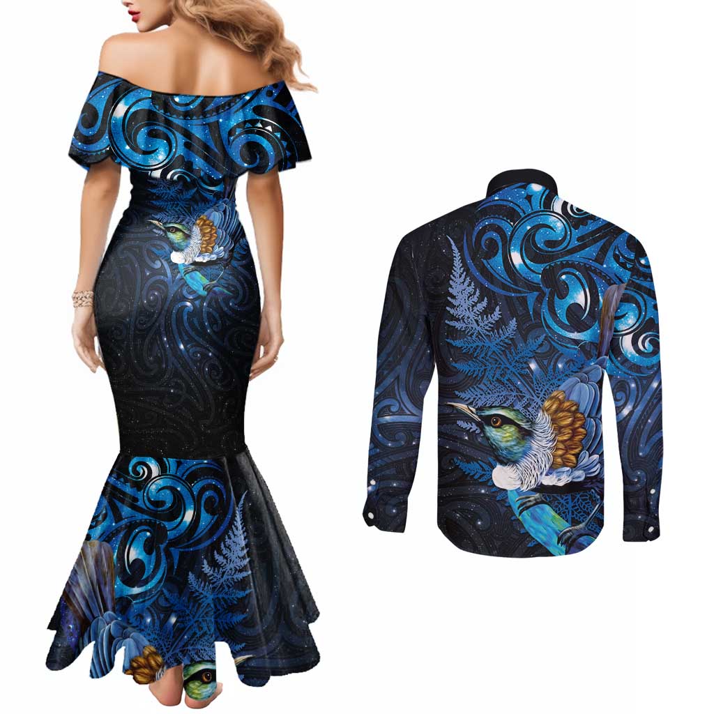 Aotearoa Matariki Couples Matching Mermaid Dress and Long Sleeve Button Shirt Maori Tribal with Silver Fern and Tui Bird Galaxy Style LT03 - Polynesian Pride
