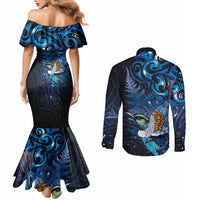 Aotearoa Matariki Couples Matching Mermaid Dress and Long Sleeve Button Shirt Maori Tribal with Silver Fern and Tui Bird Galaxy Style LT03 - Polynesian Pride