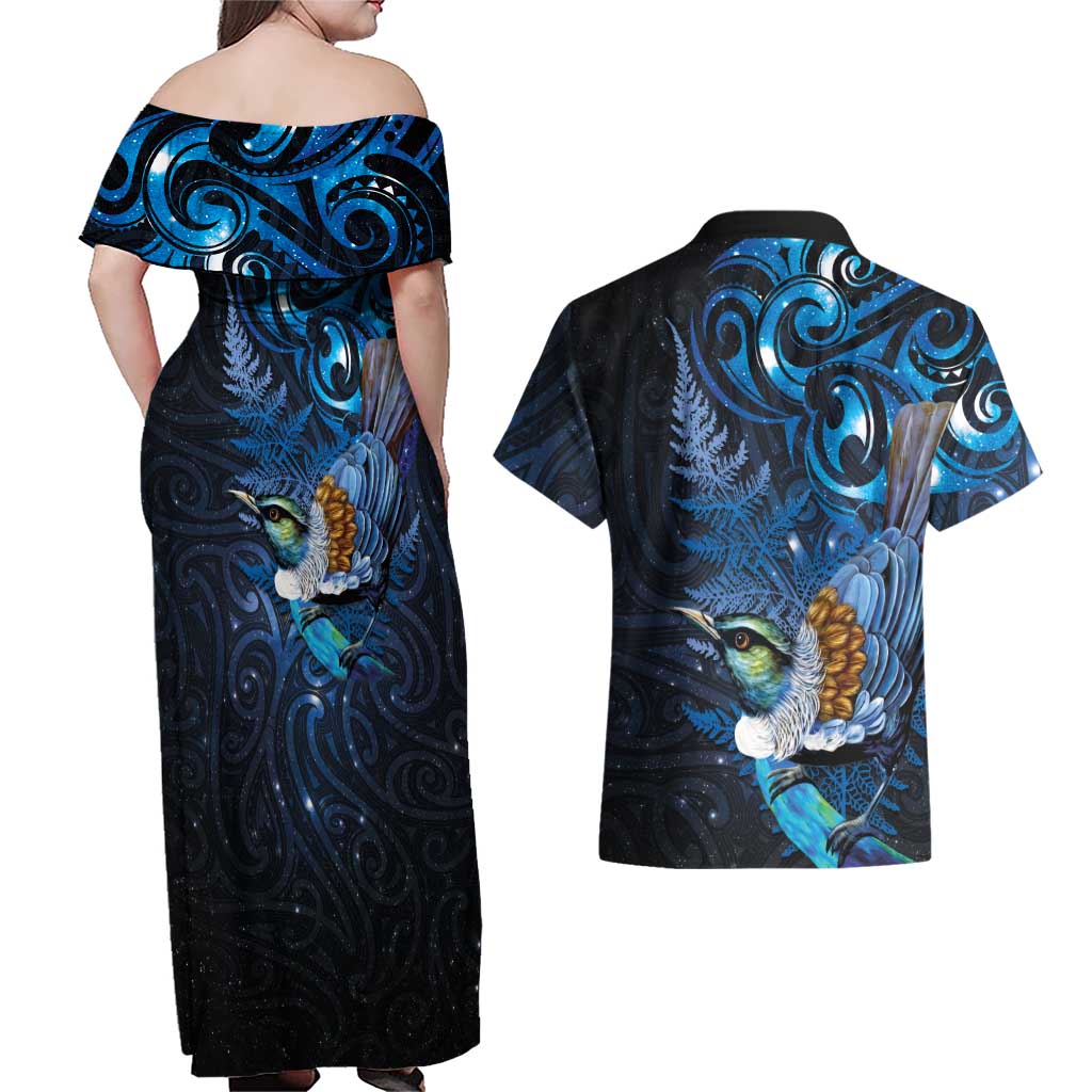 Aotearoa Matariki Couples Matching Off Shoulder Maxi Dress and Hawaiian Shirt Maori Tribal with Silver Fern and Tui Bird Galaxy Style LT03 - Polynesian Pride