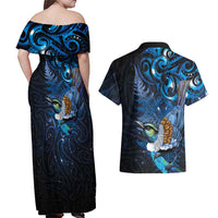 Aotearoa Matariki Couples Matching Off Shoulder Maxi Dress and Hawaiian Shirt Maori Tribal with Silver Fern and Tui Bird Galaxy Style LT03 - Polynesian Pride