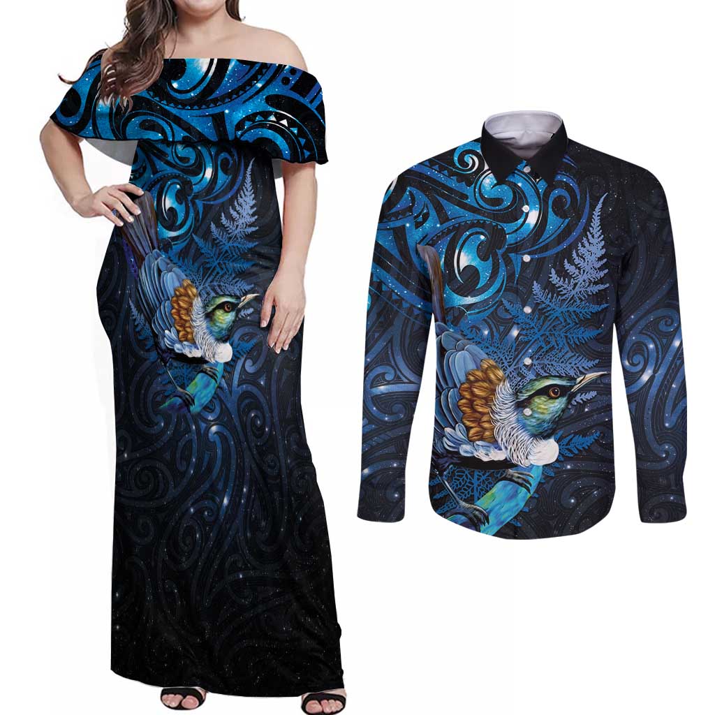 Aotearoa Matariki Couples Matching Off Shoulder Maxi Dress and Long Sleeve Button Shirt Maori Tribal with Silver Fern and Tui Bird Galaxy Style LT03 Navy - Polynesian Pride