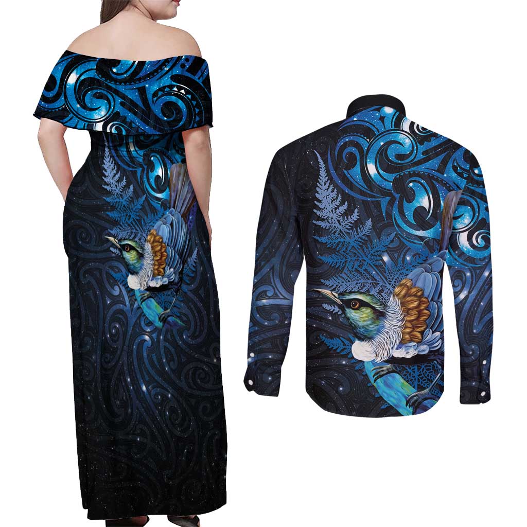 Aotearoa Matariki Couples Matching Off Shoulder Maxi Dress and Long Sleeve Button Shirt Maori Tribal with Silver Fern and Tui Bird Galaxy Style LT03 - Polynesian Pride
