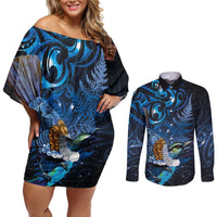Aotearoa Matariki Couples Matching Off Shoulder Short Dress and Long Sleeve Button Shirt Maori Tribal with Silver Fern and Tui Bird Galaxy Style LT03 Navy - Polynesian Pride