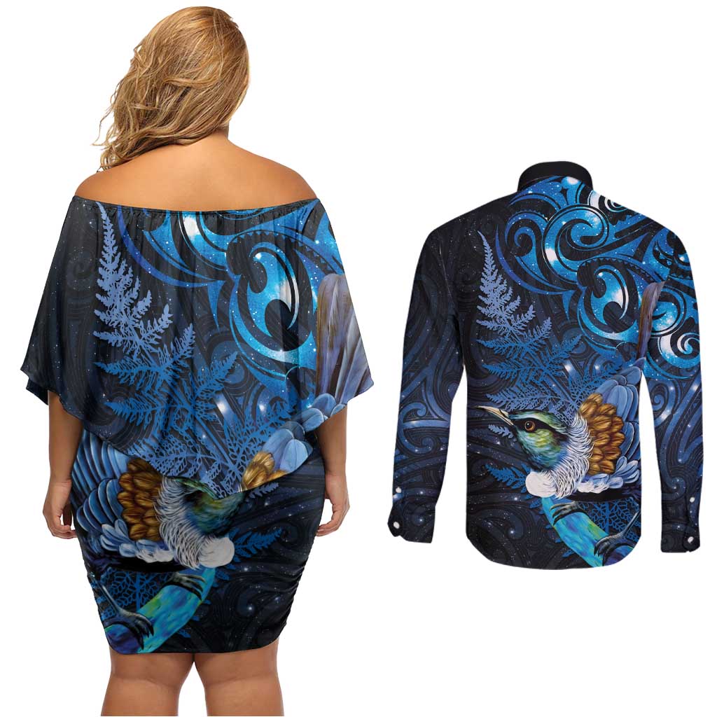 Aotearoa Matariki Couples Matching Off Shoulder Short Dress and Long Sleeve Button Shirt Maori Tribal with Silver Fern and Tui Bird Galaxy Style LT03 - Polynesian Pride