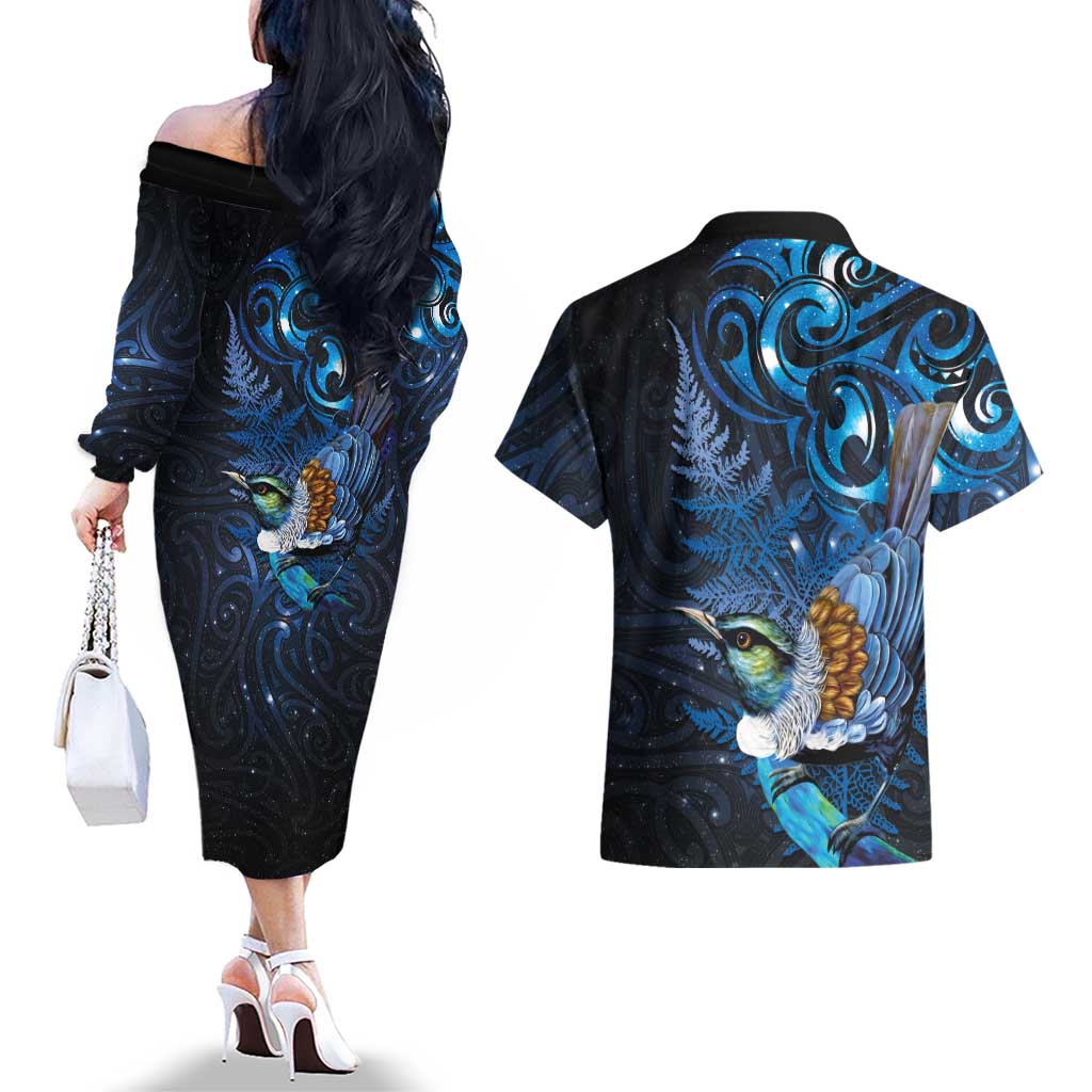 Aotearoa Matariki Couples Matching Off The Shoulder Long Sleeve Dress and Hawaiian Shirt Maori Tribal with Silver Fern and Tui Bird Galaxy Style LT03 - Polynesian Pride