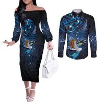 Aotearoa Matariki Couples Matching Off The Shoulder Long Sleeve Dress and Long Sleeve Button Shirt Maori Tribal with Silver Fern and Tui Bird Galaxy Style LT03 Navy - Polynesian Pride