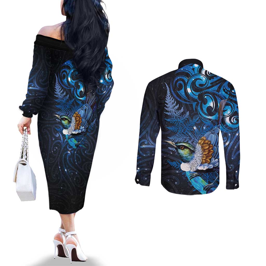 Aotearoa Matariki Couples Matching Off The Shoulder Long Sleeve Dress and Long Sleeve Button Shirt Maori Tribal with Silver Fern and Tui Bird Galaxy Style LT03 - Polynesian Pride