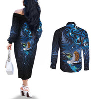 Aotearoa Matariki Couples Matching Off The Shoulder Long Sleeve Dress and Long Sleeve Button Shirt Maori Tribal with Silver Fern and Tui Bird Galaxy Style LT03 - Polynesian Pride