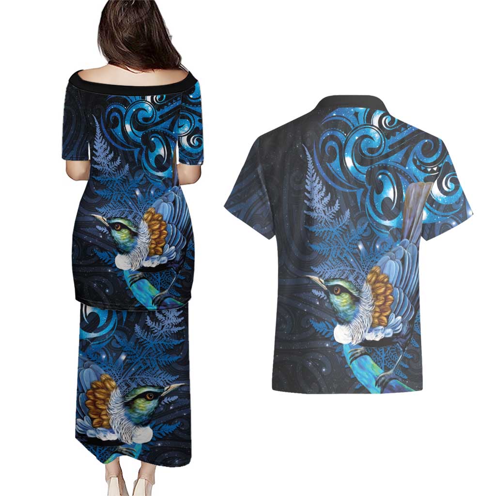 Aotearoa Matariki Couples Matching Puletasi and Hawaiian Shirt Maori Tribal with Silver Fern and Tui Bird Galaxy Style LT03 - Polynesian Pride