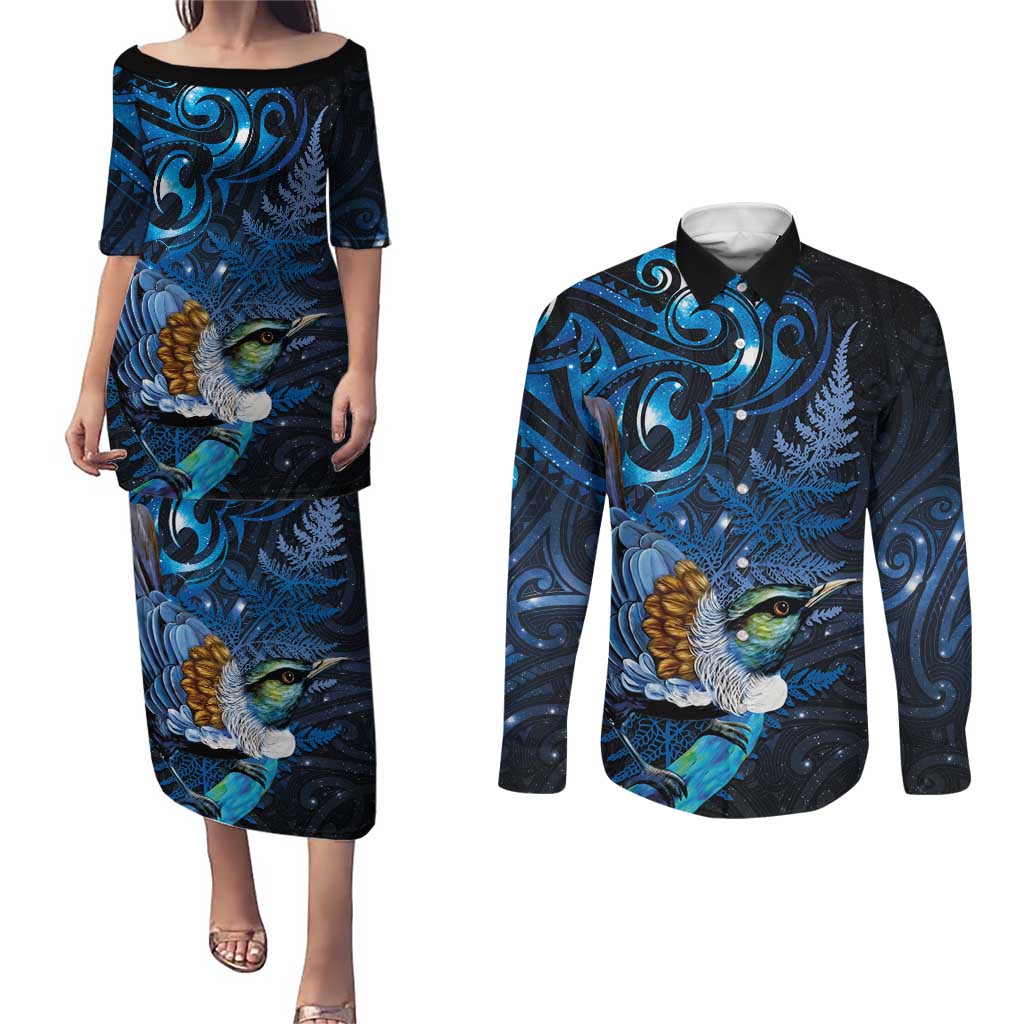 Aotearoa Matariki Couples Matching Puletasi and Long Sleeve Button Shirt Maori Tribal with Silver Fern and Tui Bird Galaxy Style - Polynesian Pride