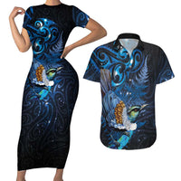 Aotearoa Matariki Couples Matching Short Sleeve Bodycon Dress and Hawaiian Shirt Maori Tribal with Silver Fern and Tui Bird Galaxy Style LT03 Navy - Polynesian Pride