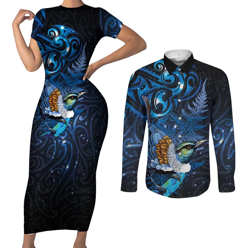 Aotearoa Matariki Couples Matching Short Sleeve Bodycon Dress and Long Sleeve Button Shirt Maori Tribal with Silver Fern and Tui Bird Galaxy Style - Polynesian Pride