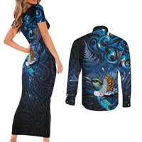 Aotearoa Matariki Couples Matching Short Sleeve Bodycon Dress and Long Sleeve Button Shirt Maori Tribal with Silver Fern and Tui Bird Galaxy Style LT03 - Polynesian Pride