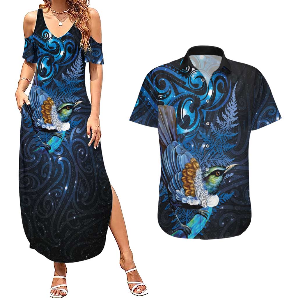 Aotearoa Matariki Couples Matching Summer Maxi Dress and Hawaiian Shirt Maori Tribal with Silver Fern and Tui Bird Galaxy Style LT03 Navy - Polynesian Pride