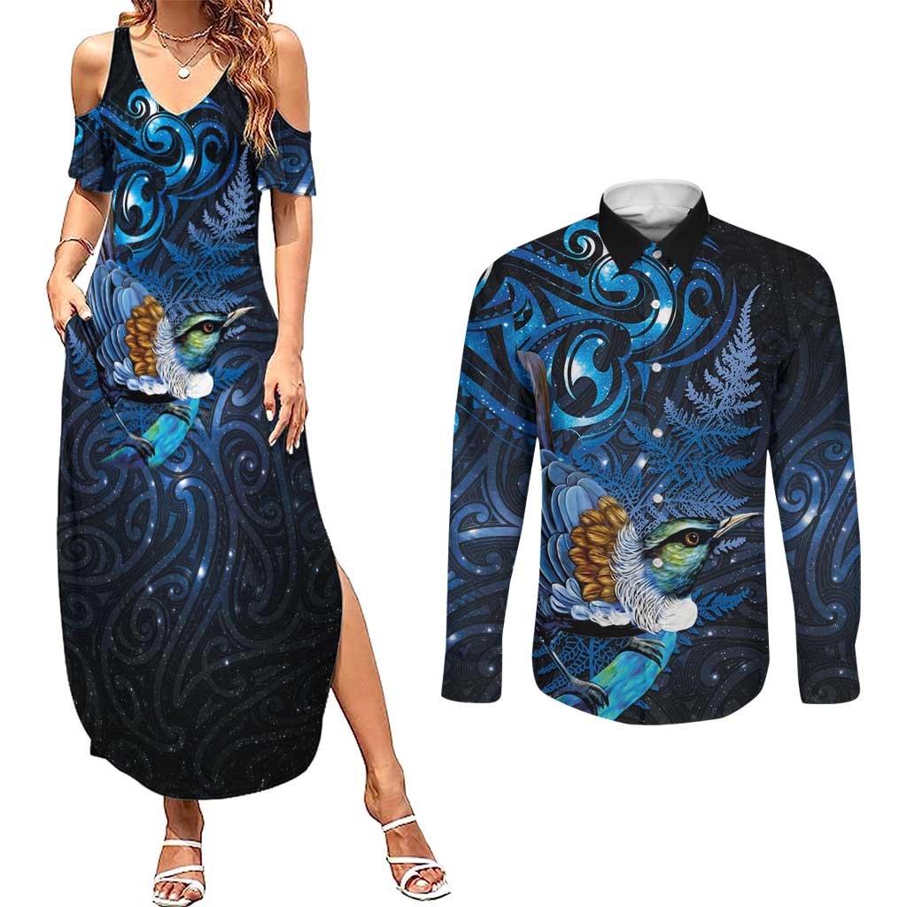 Aotearoa Matariki Couples Matching Summer Maxi Dress and Long Sleeve Button Shirt Maori Tribal with Silver Fern and Tui Bird Galaxy Style - Polynesian Pride